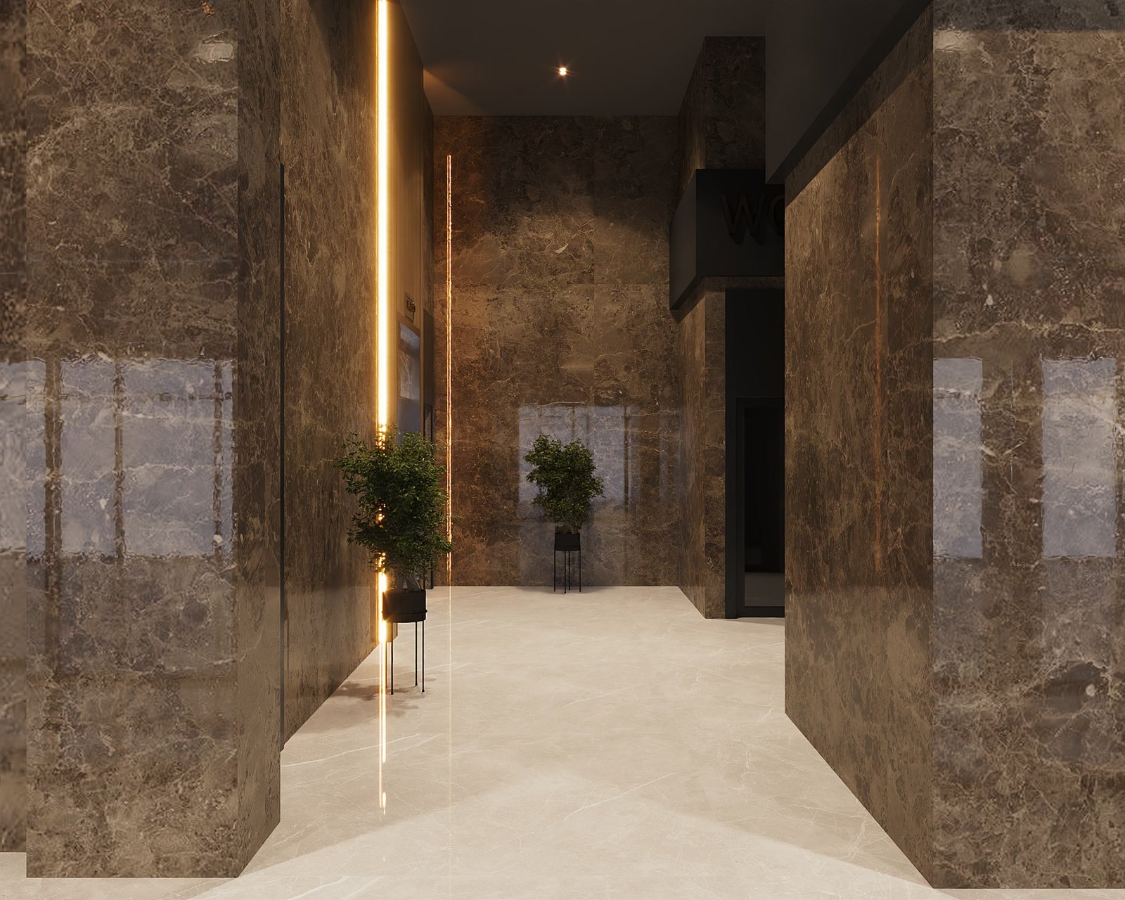 Marble corridor in CBC Tower with planted alcoves and warm light